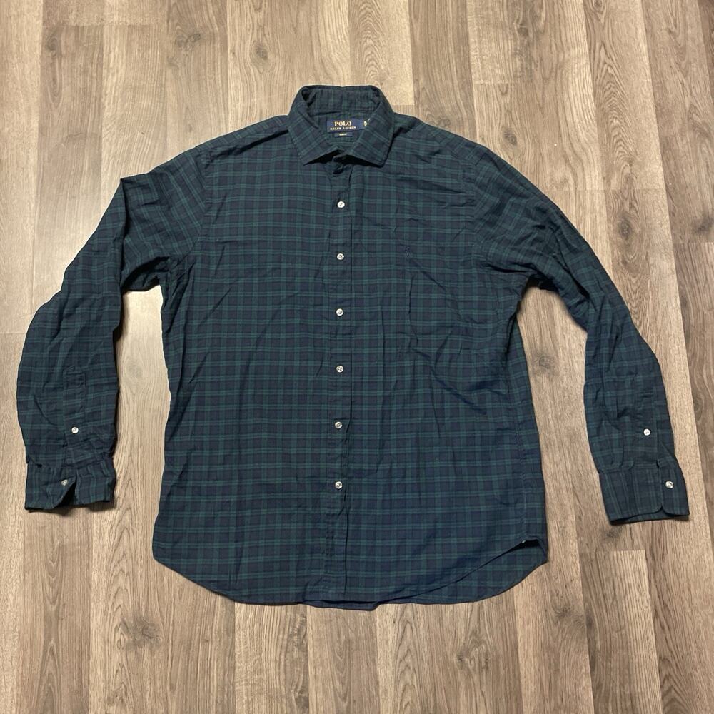 Polo Ralph Lauren Blue Green Plaid Dress Shirt Size XL TG Slim